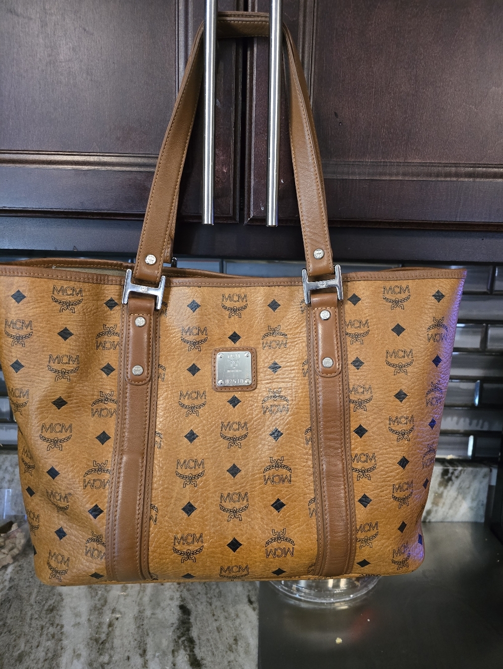 MCM Cognac Visetos Monogram Leather Tote